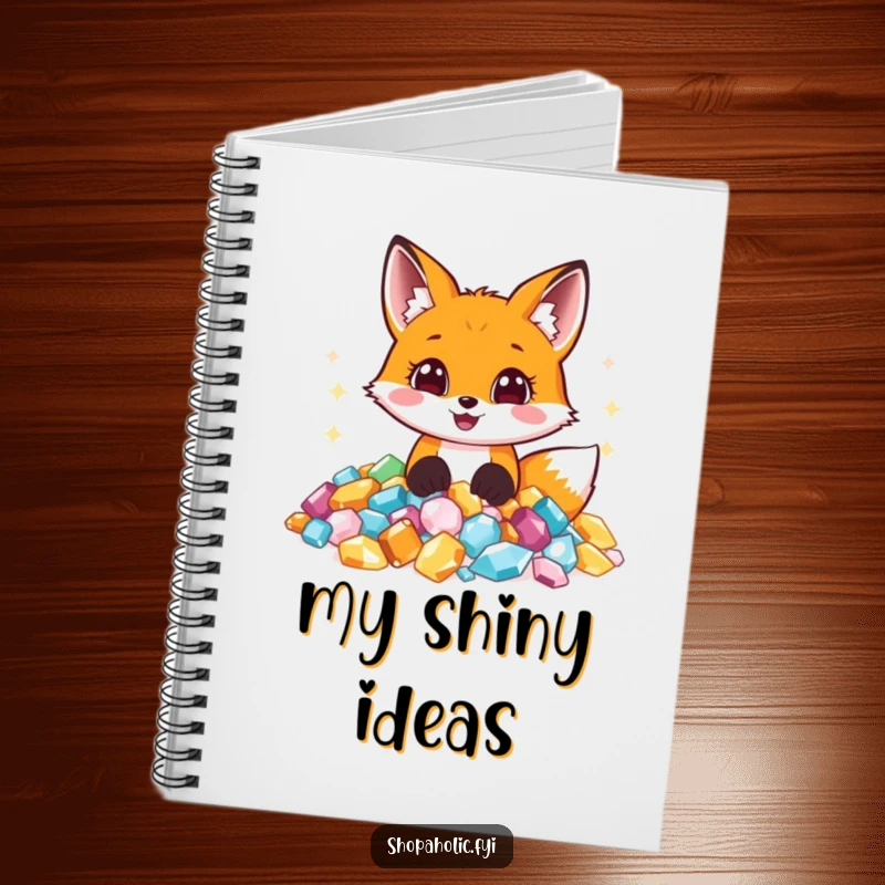 Funny notebook cover art: A happy fox immersing itself in a pile of sparkling jewels, eyes wide with awe and imagination.