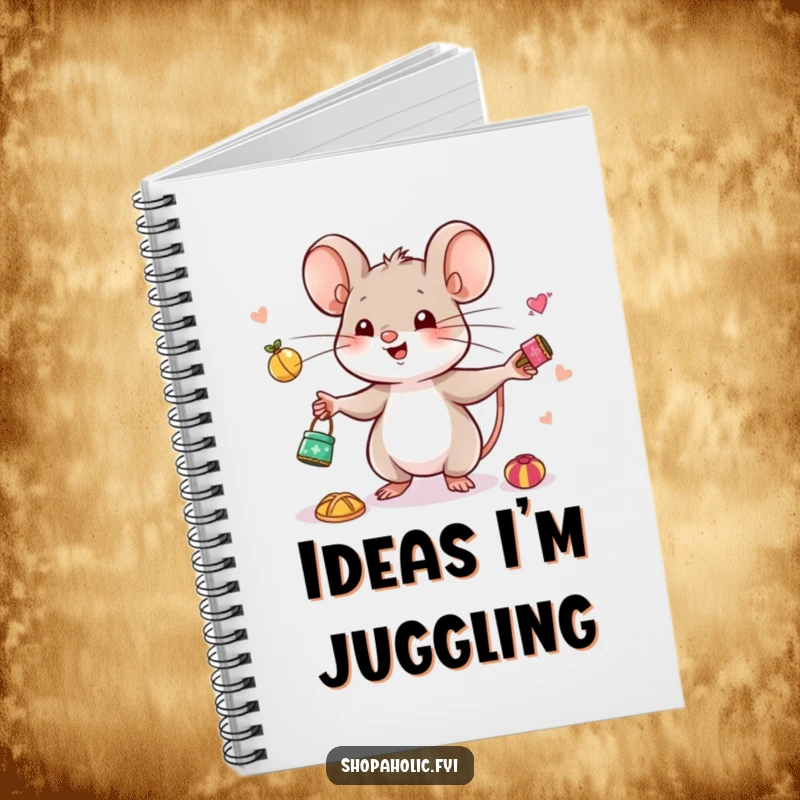 Funny Mouse Juggling Notebook - Features a cute mouse happily juggling tiny trinkets, inspiring note-taking for collections and ideas.