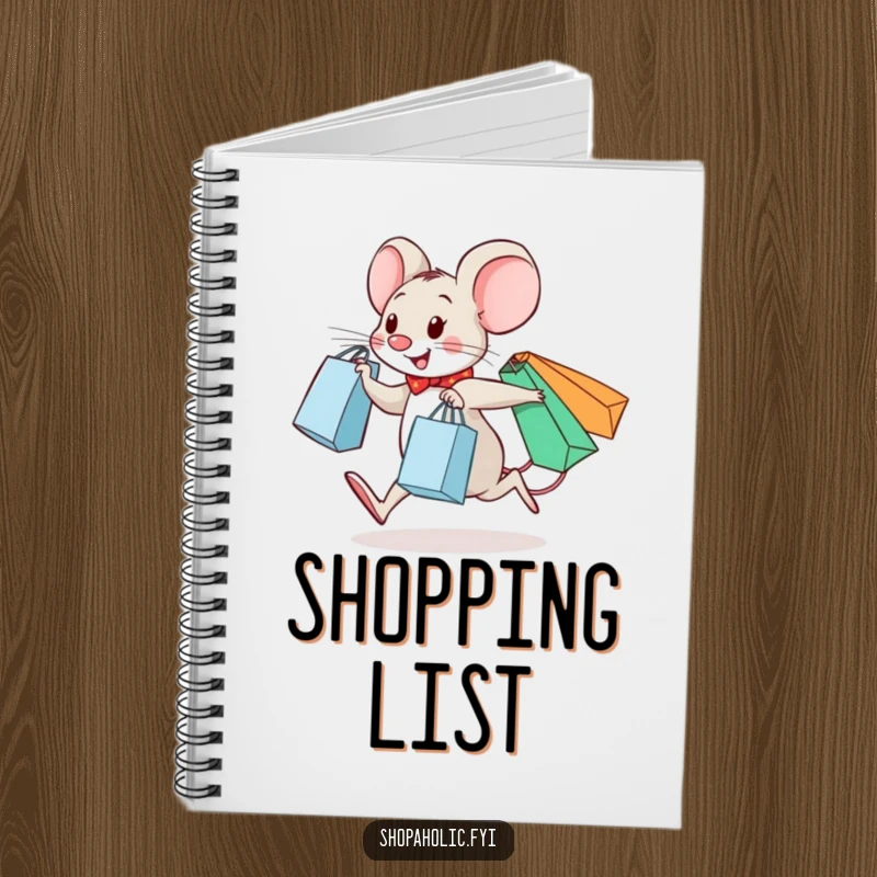 Funny notebook with a cheerful mouse skipping with shopping bags on the cover, great for journaling or lists.