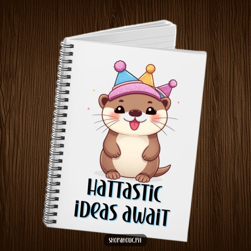 Funny Notebook with a bubbly otter joyfully trying on different glittering hats, symbolizing creative inspiration and fun ideas.