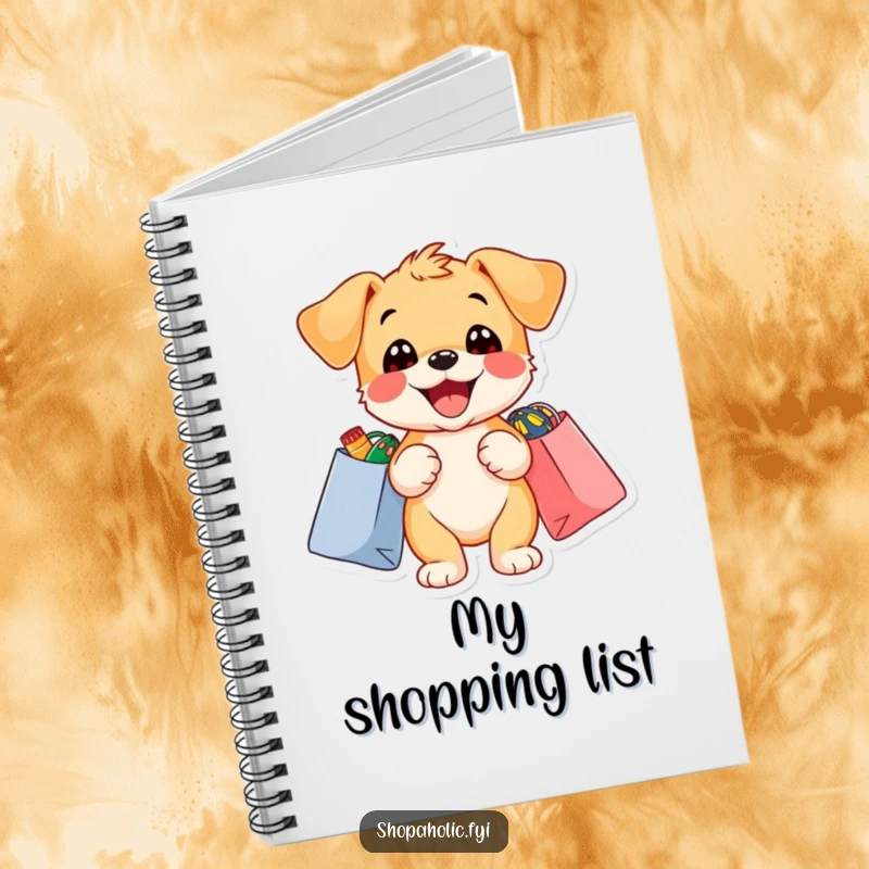 Funny puppy notebook with a delighted puppy holding shopping bags overflowing with colorful items, for notes.