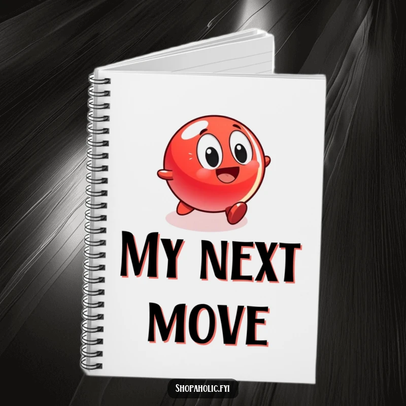 Funny notebook cover shows a red bouncing ball character rolling excitedly towards a shiny display, inspiring goals and ambition.