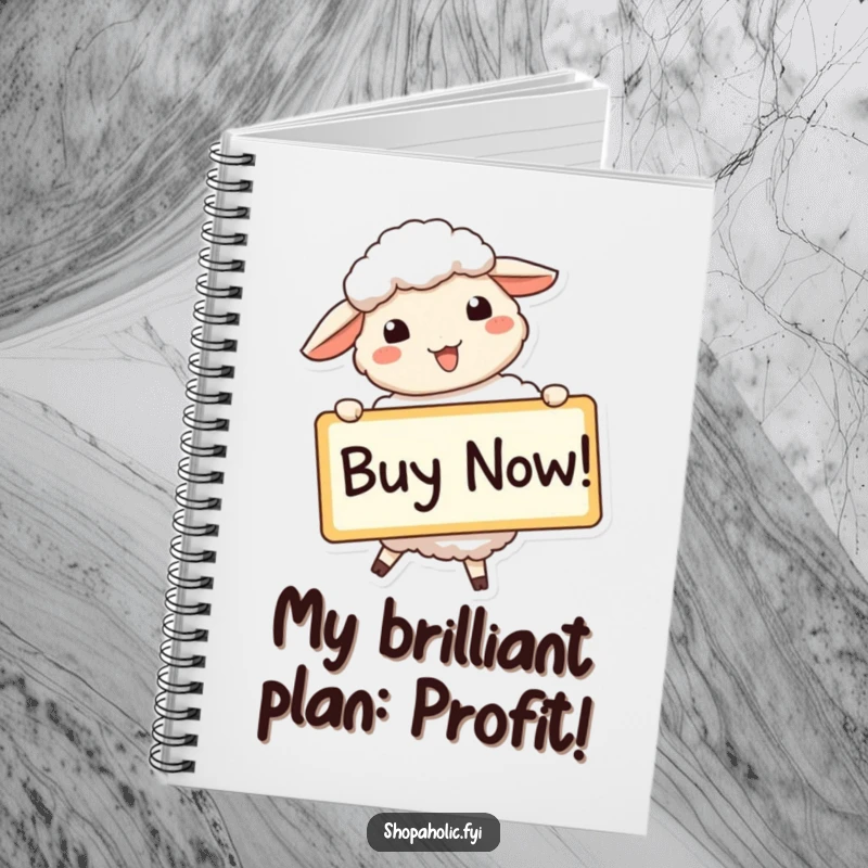 Funny sheep notebook with a beaming sheep holding a large 'Buy Now!' sign, great for note-taking and lists.