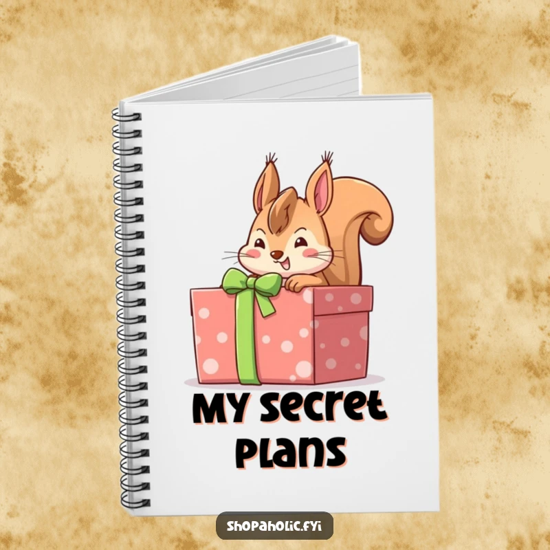 Funny cheerful squirrel peeking into a large gift-wrapped box with anticipation, a notebook designed for gift-givers and nature lovers.