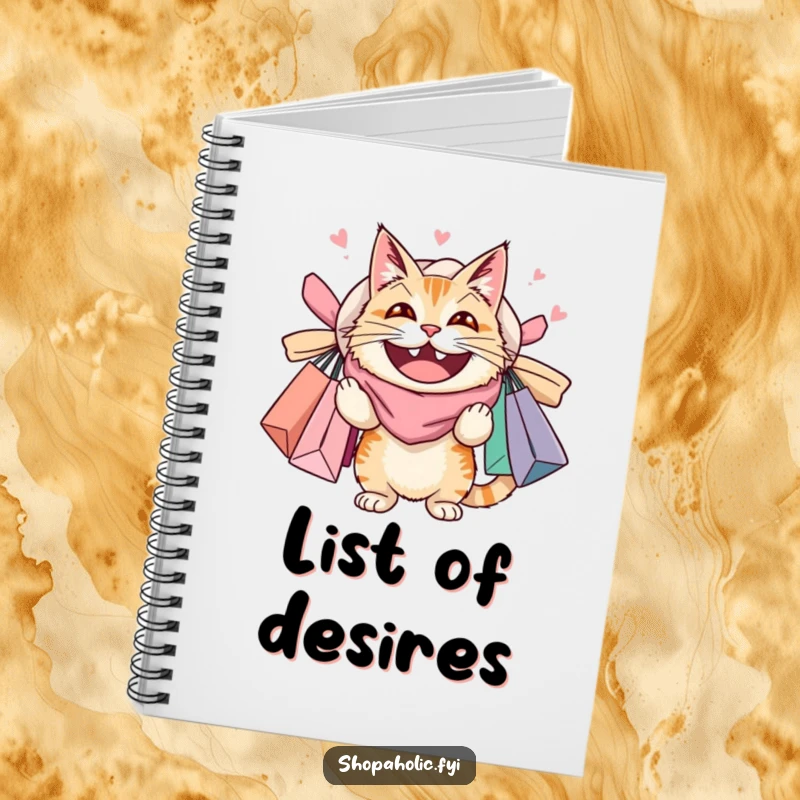 Funny notebook with a cat wearing a huge grin and overloaded with shopping bags, ideal for jotting down lists and shopping ideas.