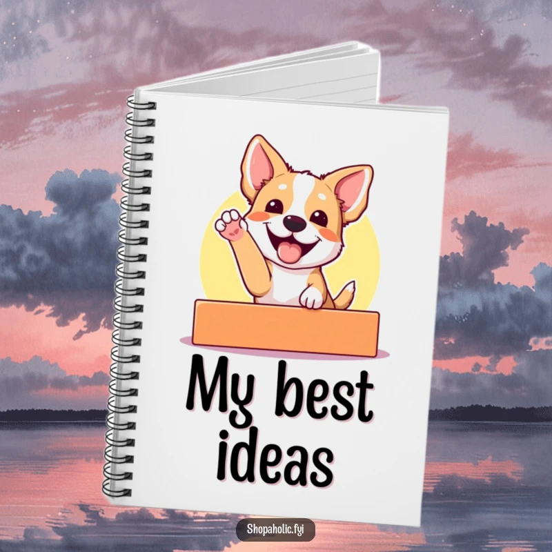 Funny notebook with an excited dog gleefully reaching for a brightly colored display, ideal for jotting down ideas and dog-related thoughts.