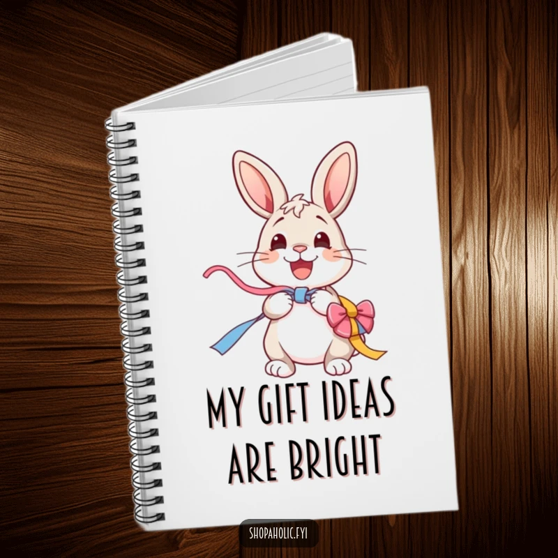 Funny Bunny Notebook: A cheerful bunny excitedly unwraps a colorful ribbon, perfect for jotting down ideas with a smile.