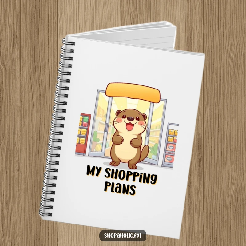 Funny otter notebook, exiting a store with arms full, perfect for jotting notes with humor, a shopping theme, a gift.