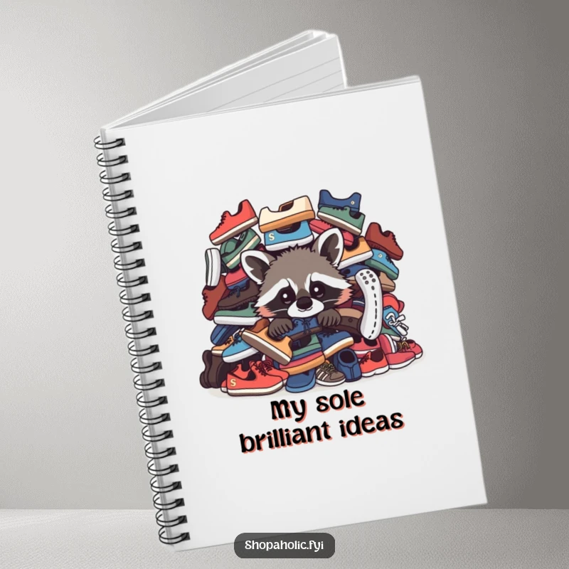 Funny Raccoon Notebook: A curious raccoon peeks from behind shoes on this funny notebook, perfect for jotting down thoughts.