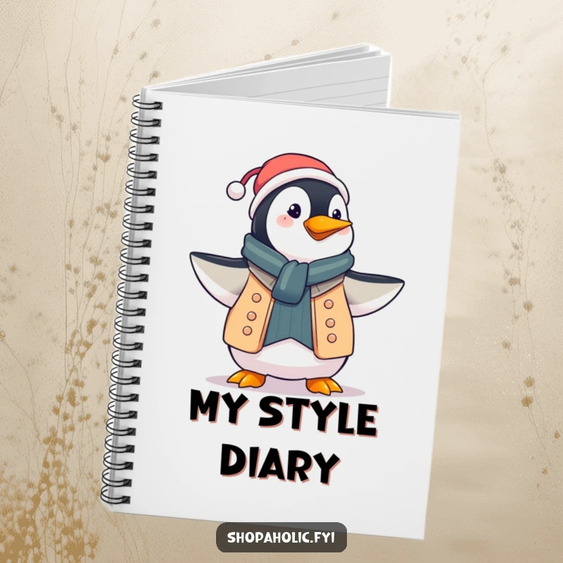 Funny penguin notebook, proudly displaying a new outfit with a flourish, perfect for jotting fashion notes, a gift.