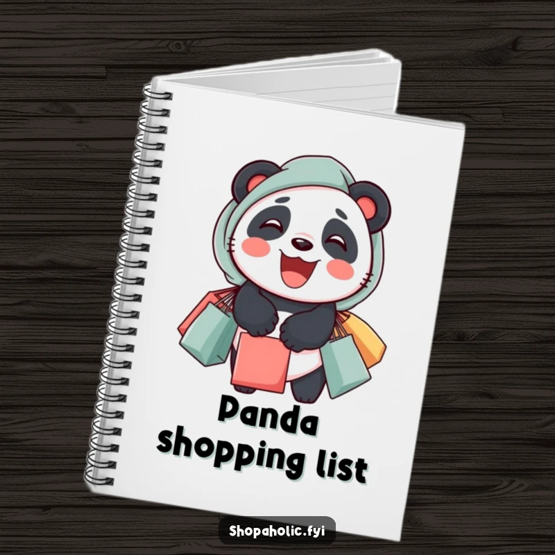 Funny panda notebook showing a delighted panda with overflowing shopping bags, ideal for lists and notes.