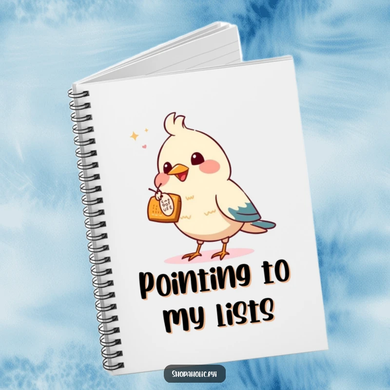 Funny notebook cover with an excited bird pointing at a tempting offer, ideal for organizing shopping lists.