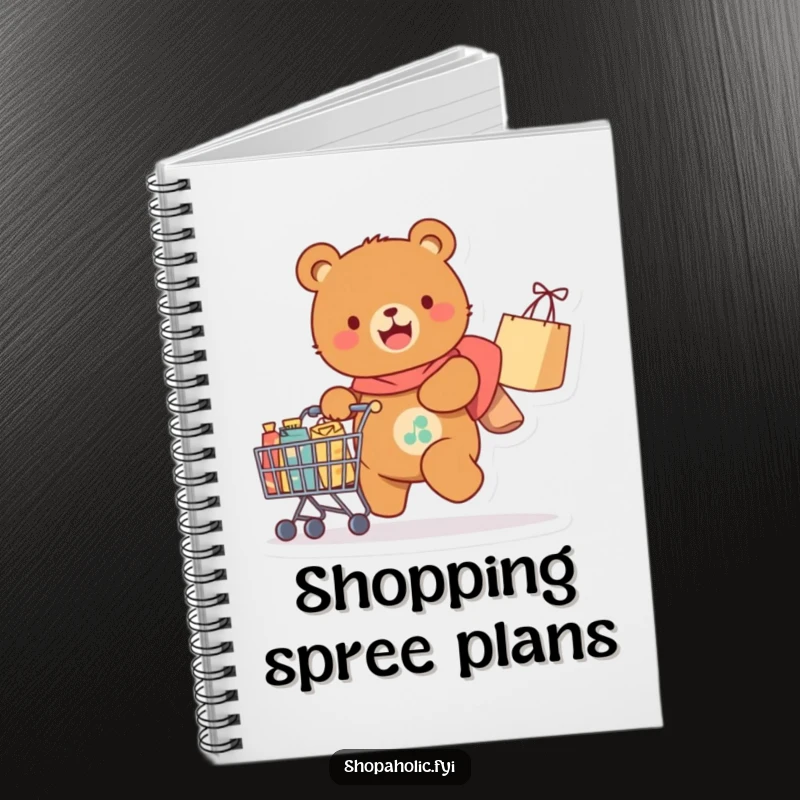Funny Notebook: A gleeful bear pulls a cart laden with purchases, inspiring notes and planning with humorous shopping satisfaction.