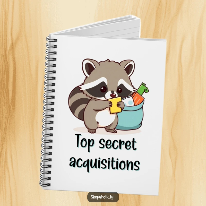 Funny raccoon notebook featuring a mischievous raccoon stuffing items into a bag, ideal for documenting ideas and plans.