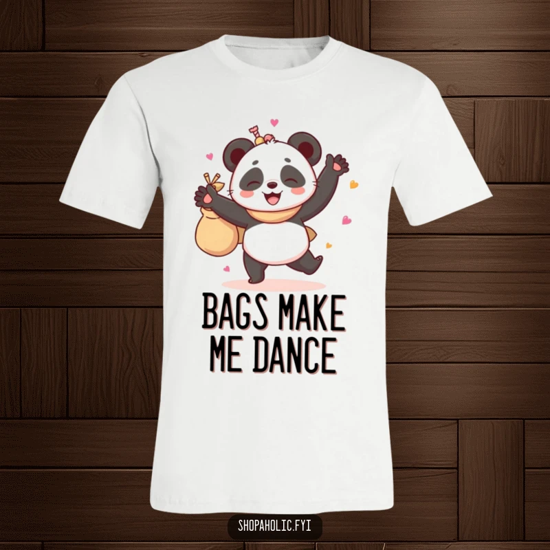 Funny t-shirt with a giggling panda in mid-dance, joyfully holding a bag packed with treats, symbolizing happiness and fun.