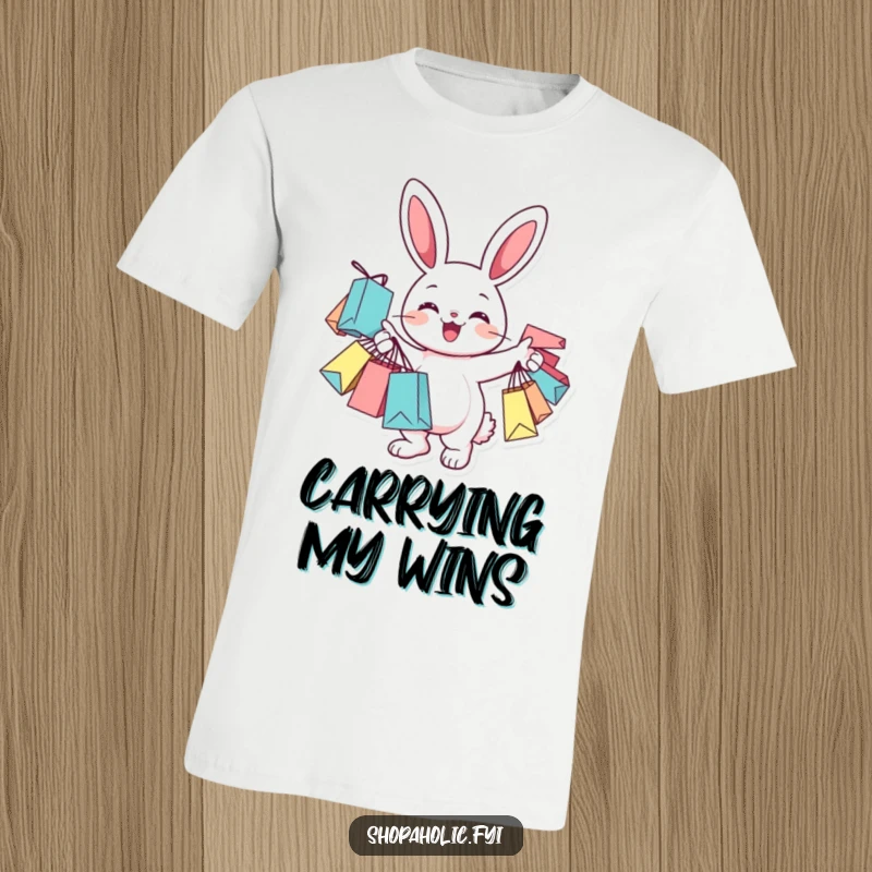 Funny T-Shirt with a cheerful bunny character joyfully carrying many full shopping bags, celebrating retail joy.
