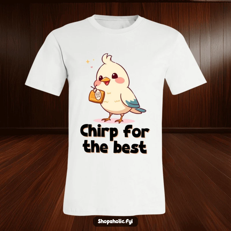 Funny t-shirt featuring an animated bird excitedly pointing its wing towards an irresistible, tempting offer.