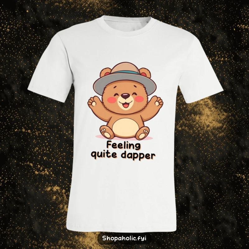 Funny t-shirt depicting a bear enthusiastically wearing a comically large hat, conveying playful fashion and humor.