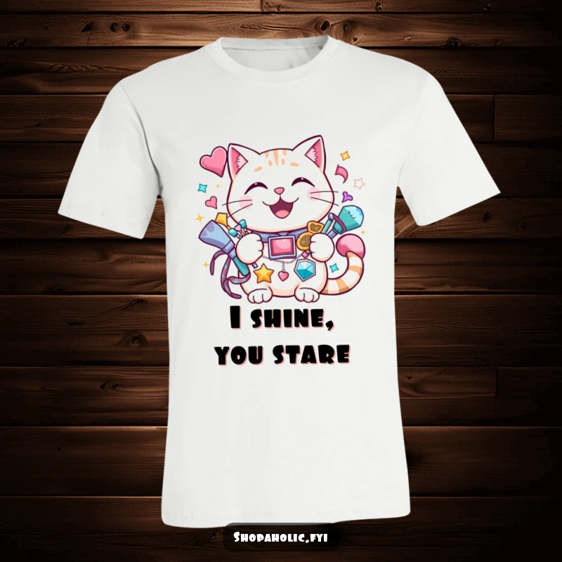 Funny cat t-shirt showing a cheerful cat grinning while holding a vast amount of sparkly accessories.