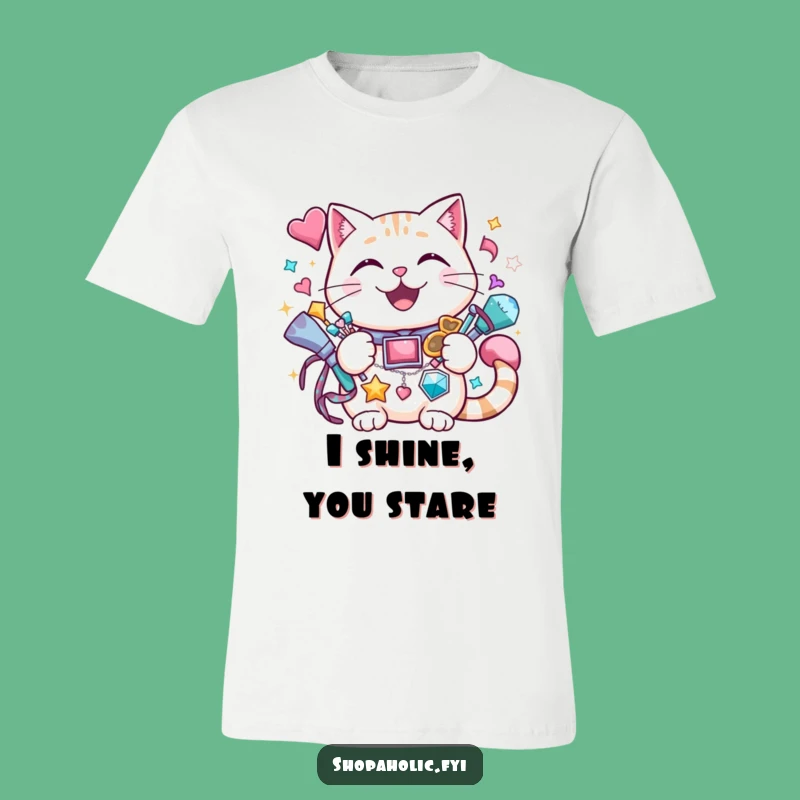 Funny Cat Accessories T-Shirt: Cheerful Kitty Sparkle, Perfect Gift for Fashionistas