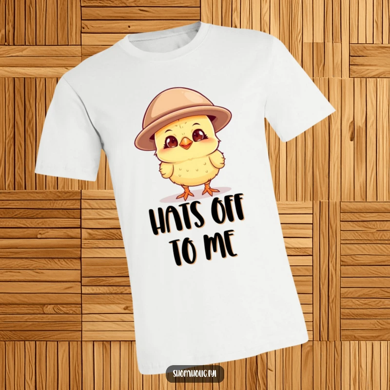 Funny chick grinning widely while wearing a comically oversized hat, a humorous and stylish t-shirt for the fashionably bold.
