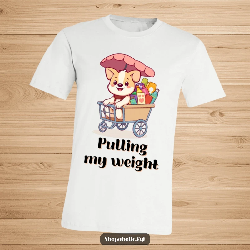 Funny Dog T-Shirt: A smiling dog pulling a cart full of colorful merchandise, a humorous and stylish gift for shoppers.