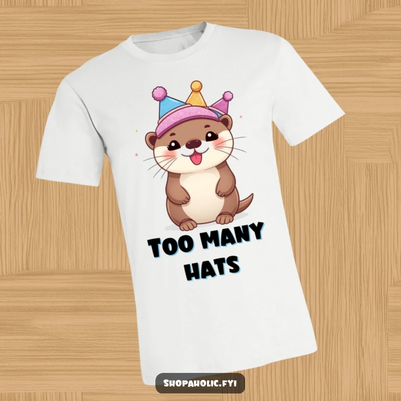 Funny T-Shirt showcasing a bubbly otter trying on many colorful and glittering hats with sheer delight, looking fashionable and happy.