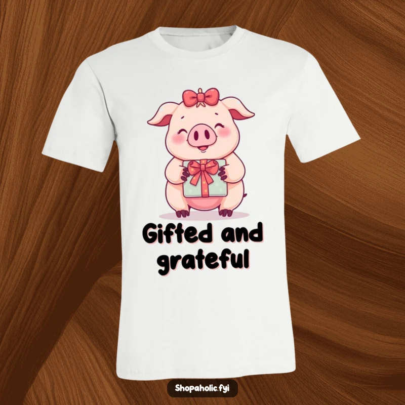 Funny t-shirt featuring a content pig smiling widely and holding a beautifully wrapped gift box.