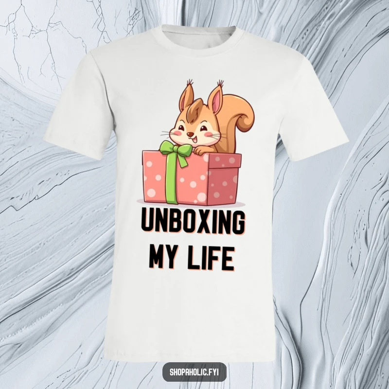 Funny squirrel's cheerful anticipation as it peeks into a large, wrapped gift box, a humorous t-shirt for the eager.