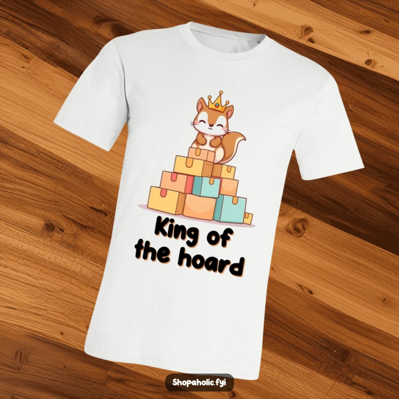 Funny Squirrel King T-Shirt depicting a mischievous squirrel with a tiny crown atop a mountain of boxes, showing playful hoarding and royalty.