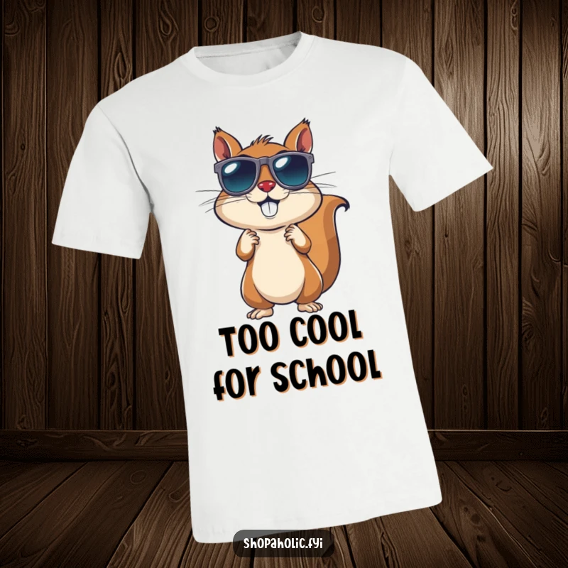 Funny Squirrel Sunglasses T-Shirt: An energetic squirrel models different sunglasses, looking stylish and cool. Fashionable and amusing.