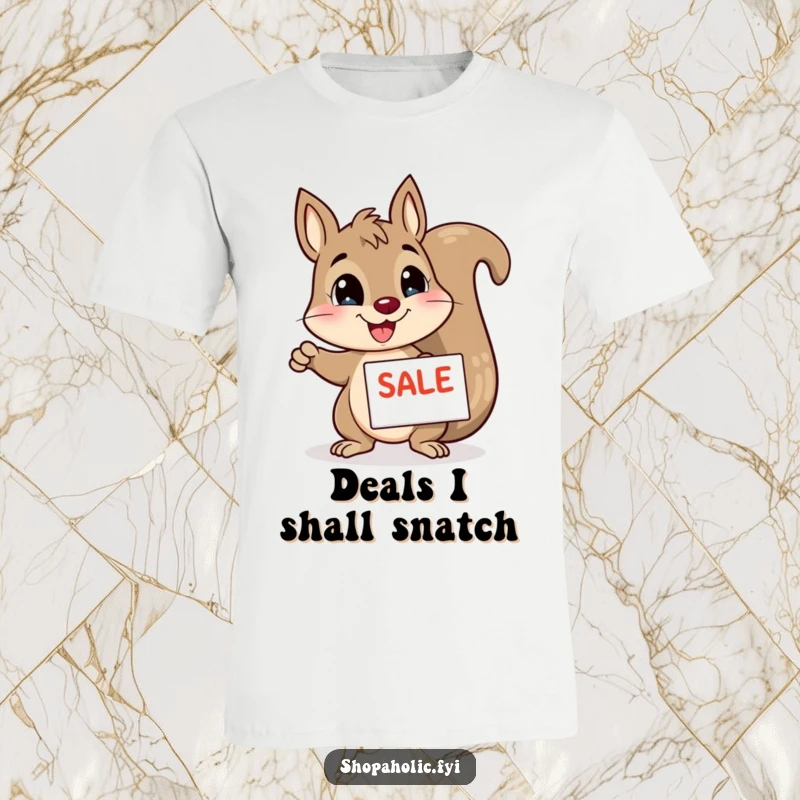 Funny squirrel t-shirt, enthusiastically pointing to a sale sign, conveying excitement for shopping and bargains, a humorous gift.