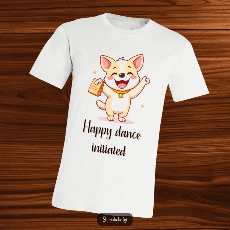 Funny dog t-shirt featuring a joyful dog performing a happy dance while holding a new purchase, embodying celebration.