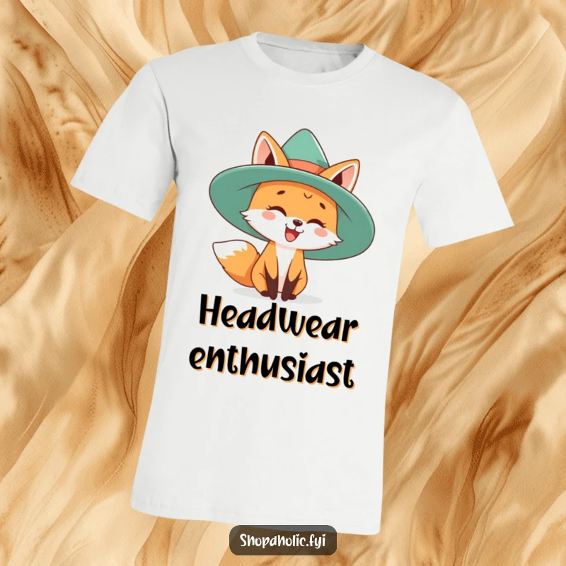 Funny t-shirt showing a joyful fox playfully sporting a ridiculously large, stylish hat. Quirky fashion statement.