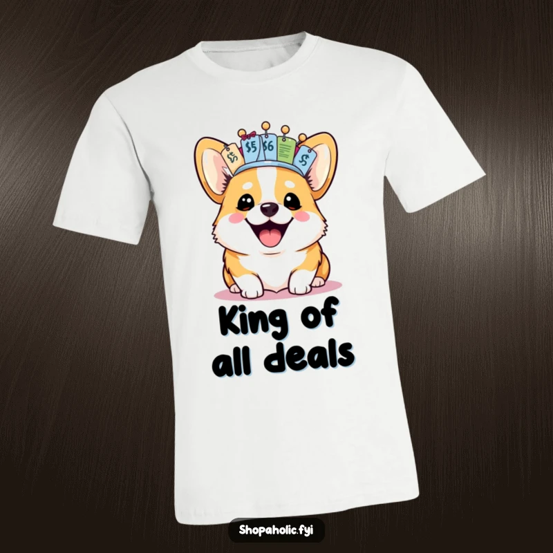 Funny Corgi T-Shirt: A happy corgi proudly wears a sparkling crown made of assorted price tags, looking utterly regal.