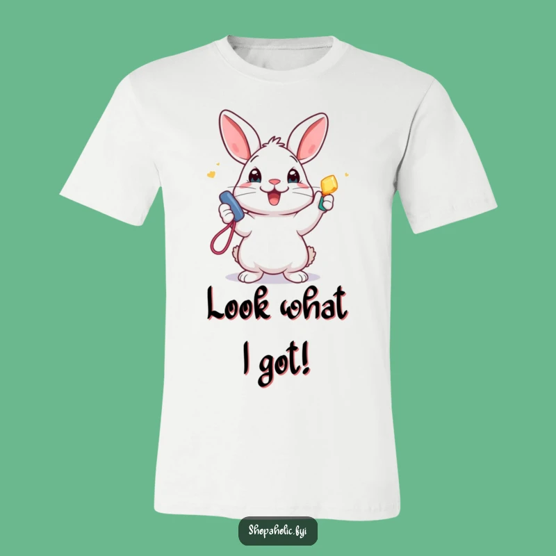 Funny Rabbit Shirt: Joyful bunny showing off a cool new accessory, a hilarious gift idea.