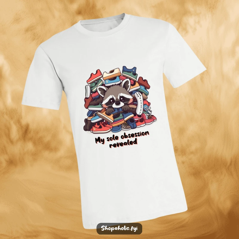 Funny Raccoon T-Shirt: A cute, curious raccoon is revealed behind a giant, overflowing pile of sneakers and shoes.