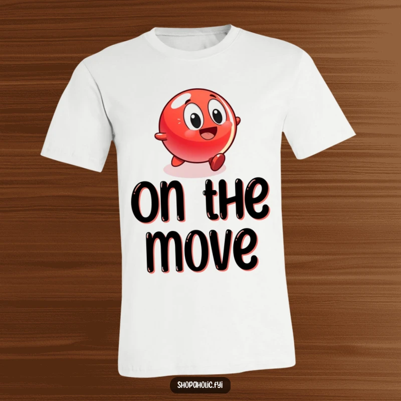 Funny t-shirt design of a vibrant red ball character in mid-roll, eyes wide with excitement, heading towards a shiny, captivating display.