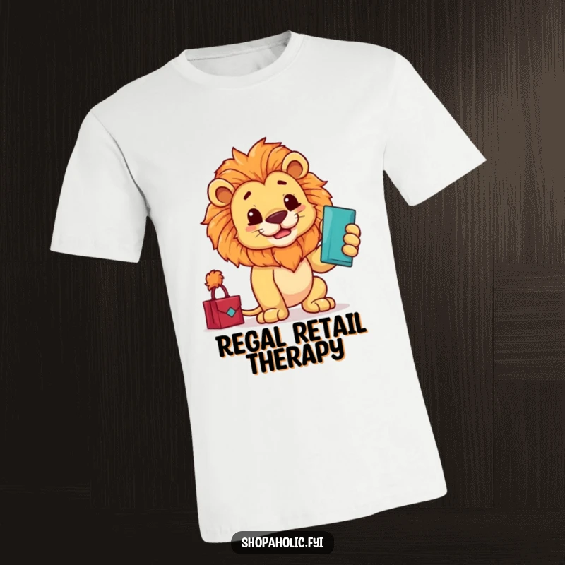 Funny t-shirt featuring a proud lion dramatically admiring a new purchase with a confident flourish, embodying success and style.