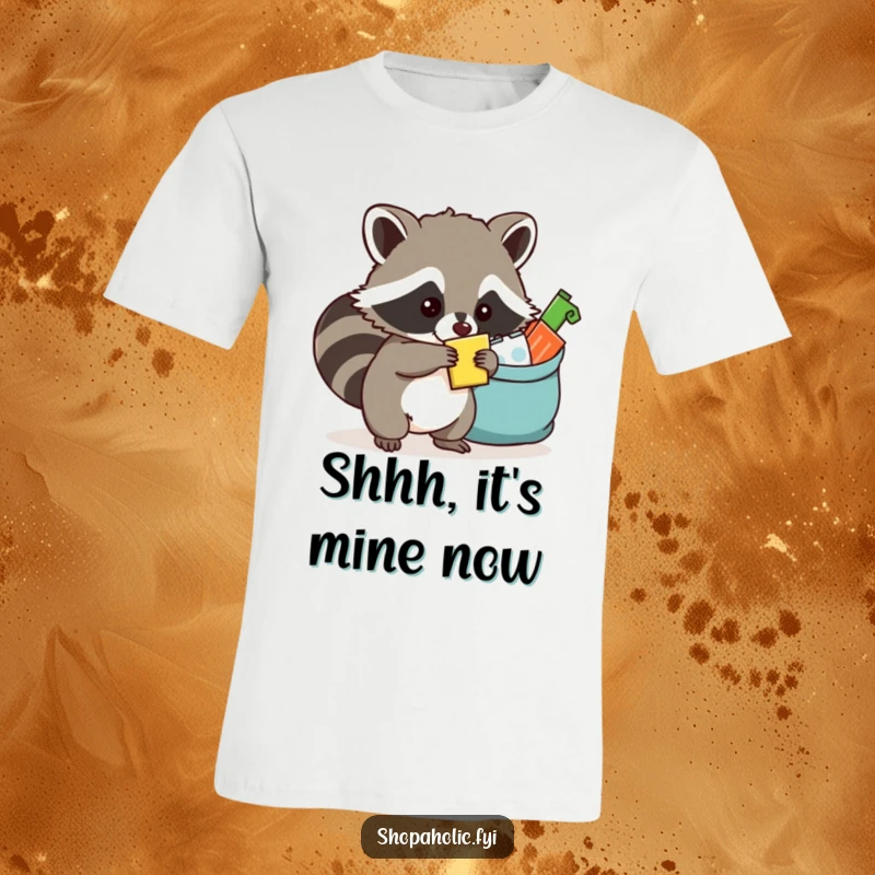 Funny raccoon t-shirt depicting a mischievous raccoon skillfully sneaking an item into an overflowing bag, highlighting stealth.