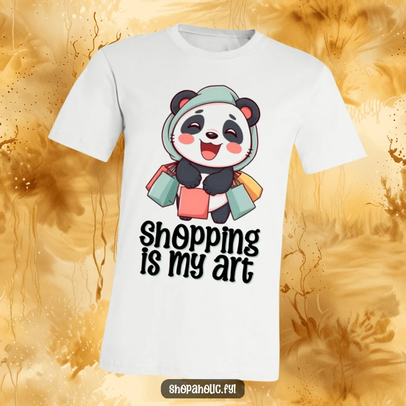 Funny panda t-shirt with overflowing shopping bags and a cheerful grin, depicting a delighted shopaholic.