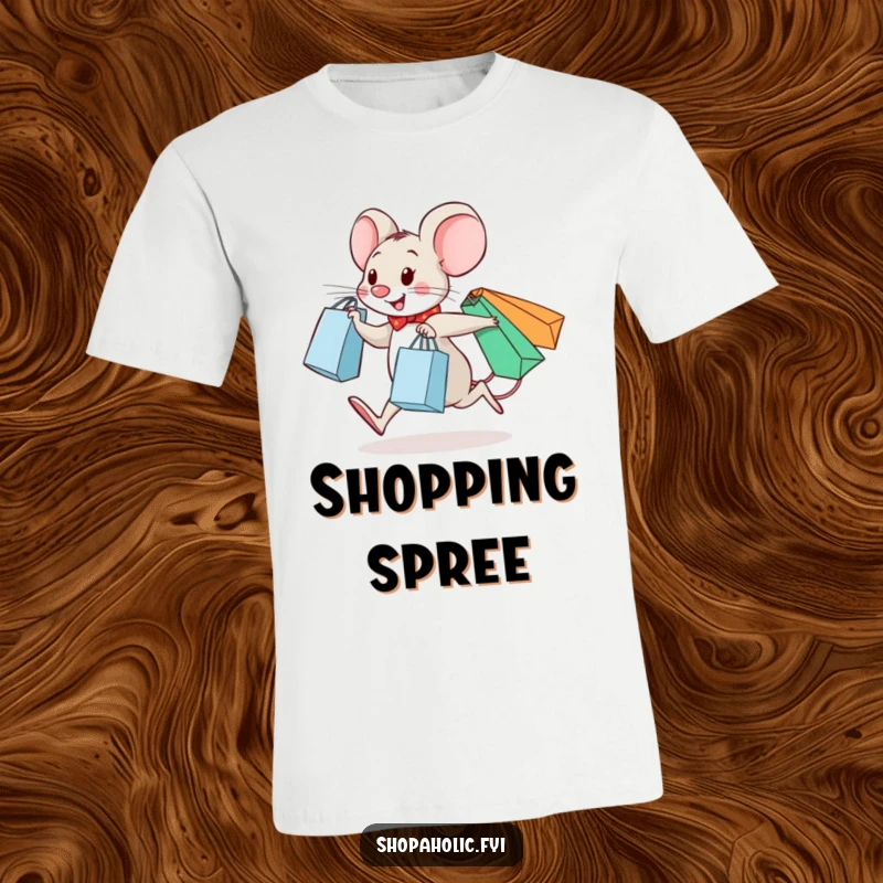 Funny t-shirt featuring a cheerful mouse skipping joyfully while carrying three shopping bags.