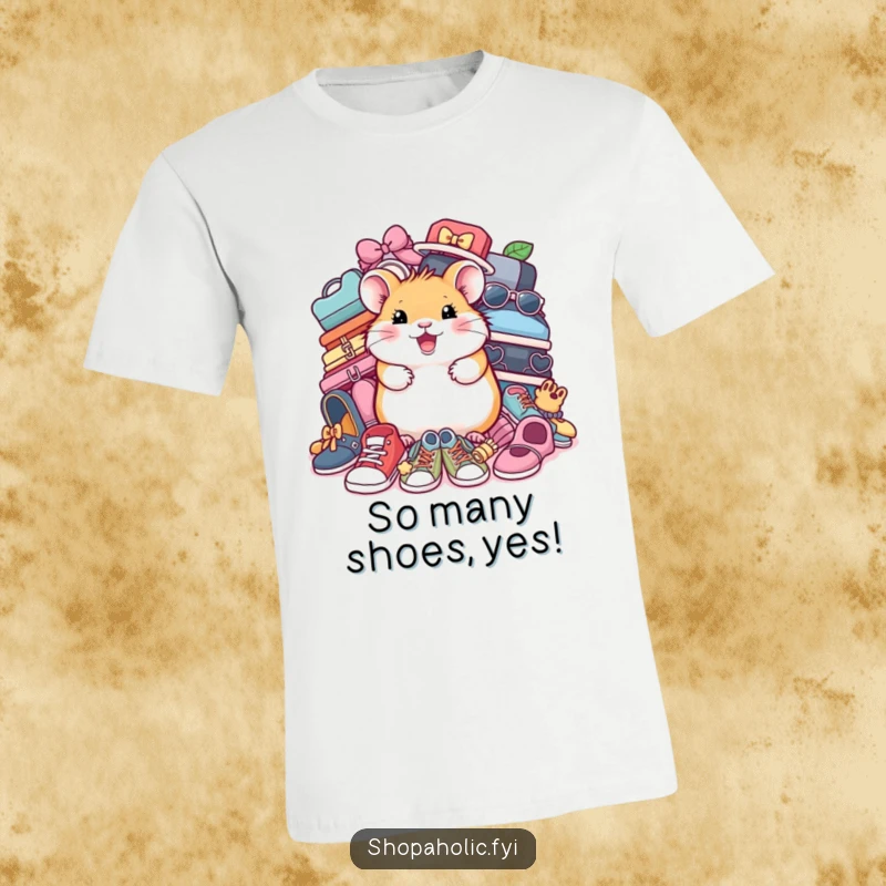 Funny Hamster Shoe T-Shirt: A delighted hamster surrounded by an impressive collection of shoes and accessories. Fashionable and amusing.