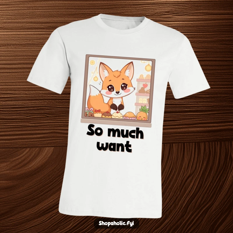 Funny T-Shirt: A fox with comically wide eyes intensely stares at a display of delicious treats, embodying playful longing.