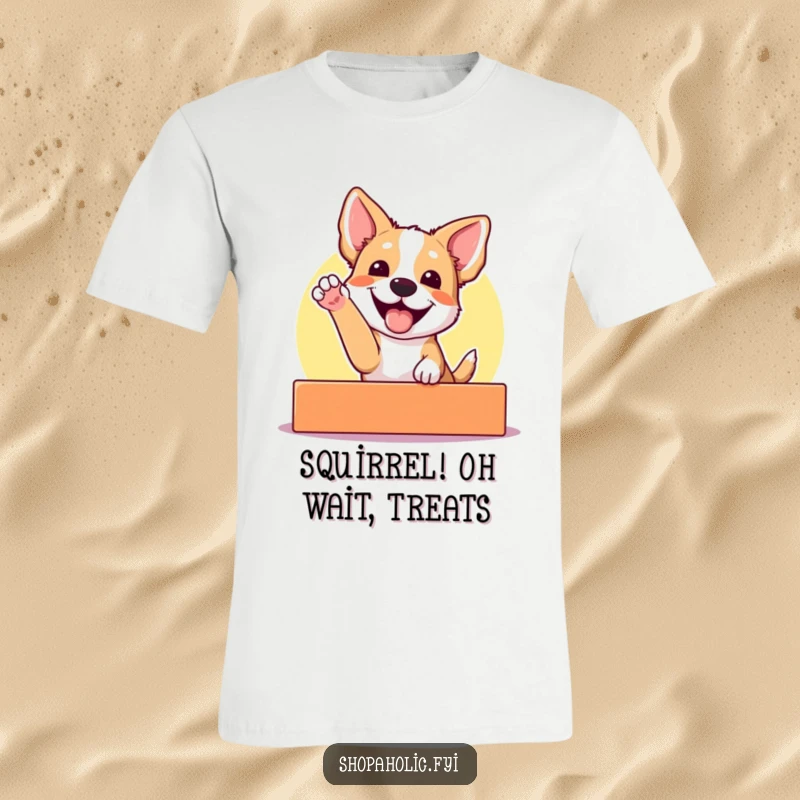 Funny T-shirt of an excited dog gleefully reaching for a brightly colored display, capturing pure joy and a love for fun.