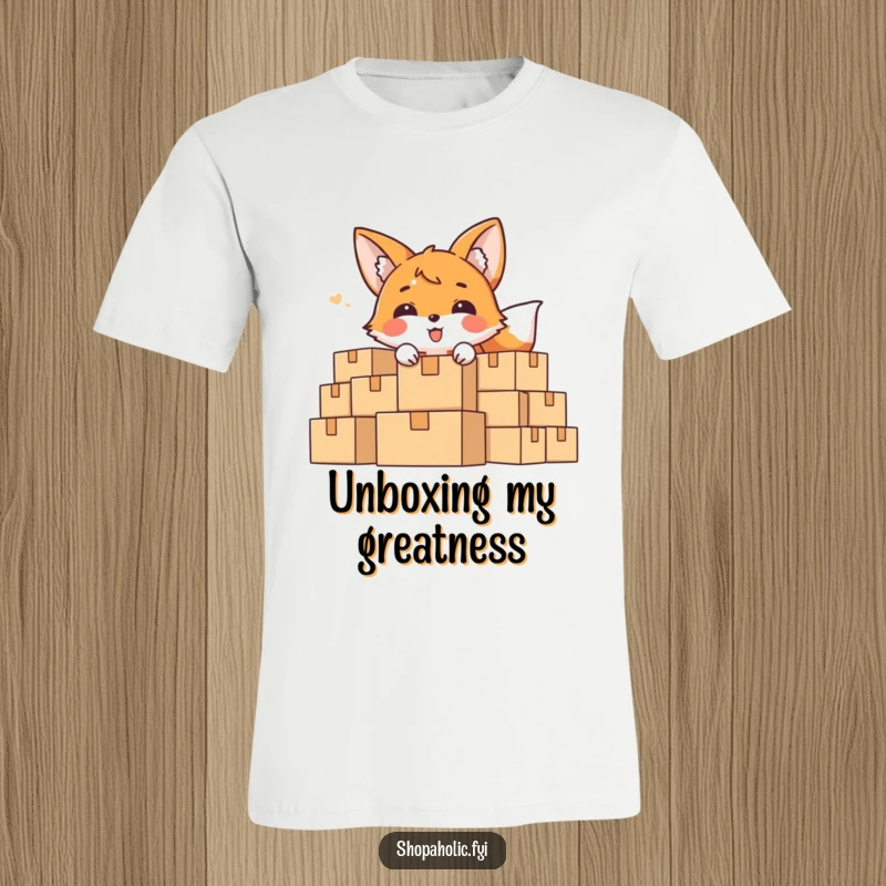 Funny T-Shirt with a delighted fox character peeking out from behind a massive pile of cardboard boxes.