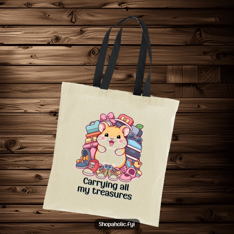 Funny Hamster Shoe Tote Bag: A content hamster surrounded by shoes and accessories, perfect for shoppers. Ample and amusing.