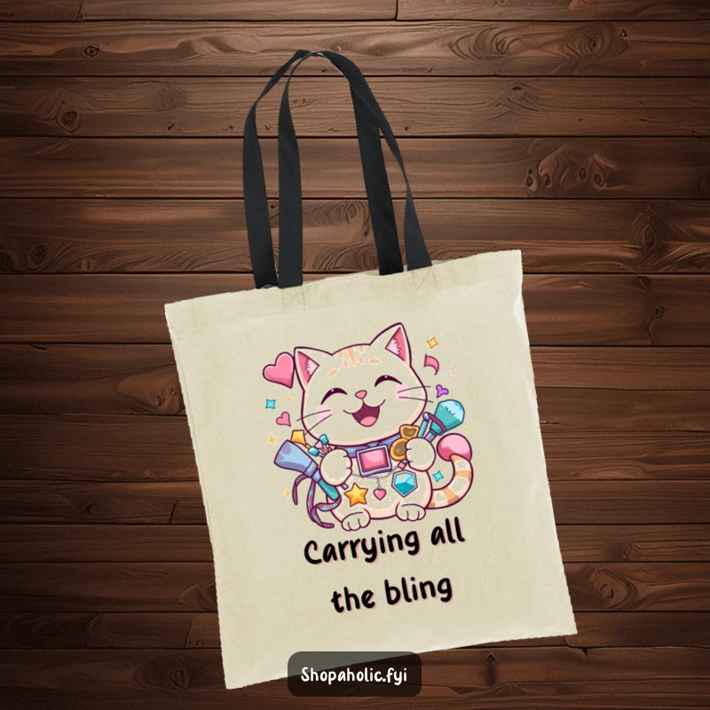 Funny cat tote bag with a cheerful cat grinning while holding a vast amount of sparkly accessories.