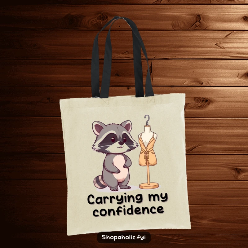 Funny Raccoon Mannequin Tote Bag: A mischievous raccoon admiring its reflection in a shop window, perfect for shoppers. Ample and amusing.