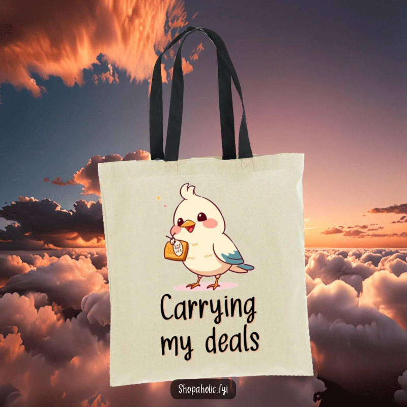Funny tote bag with an excited bird pointing at a tempting offer, ideal for carrying shopping treasures.